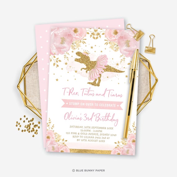Girl Dinosaur Birthday Invitation Template. T-Rex Tutus Tiaras. Blush Pink Gold Floral Dinosaur Theme Party Invite. EDITABLE DOWNLOAD. DIN4 Il_570xn