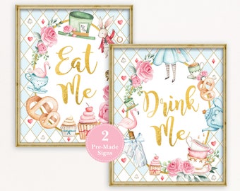 Alice in Onederland Party Sign, Eat Me Drink Me Signs, Wonderland Mad Tea Birthday Food Table Decorations, Blue Gold INSTANT DOWNLOAD, AL1