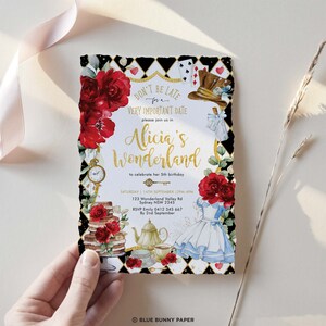 May include: Alice's Wonderland themed birthday party invitation with a black and white checkered background, red roses, a teacup, teapot, and a cake. The invitation includes the text "Don't be late for a very important date, please join us in Alicia's Wonderland to celebrate her 5th birthday".
