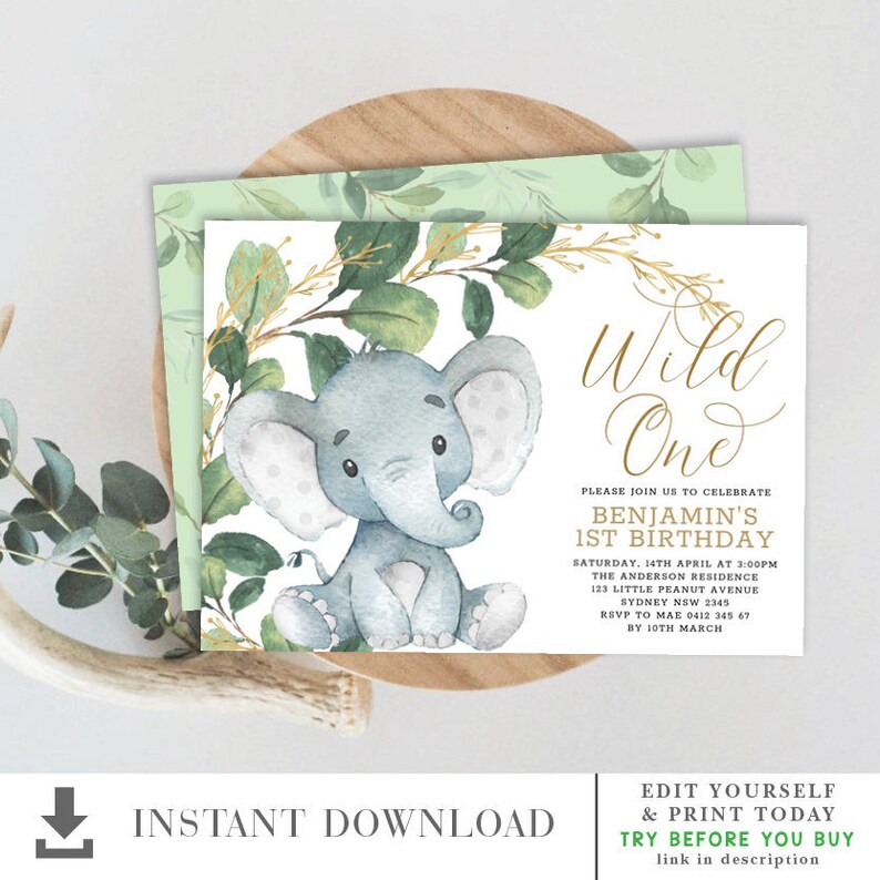 Greenery Elephant Wild One 1st Birthday INVITATION TEMPLATE. Tropical Jungle Printable Party Invite. Elephant Green Gold Download. GR1 image 1