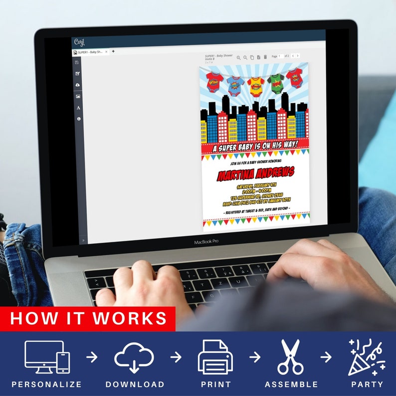 May include: A laptop screen displaying a superhero baby shower invitation with a cityscape background and the text "A Super Baby is on his way!"  The invitation is for Martina Andrews.  Below the screen is a graphic showing the steps to personalise, download, print, assemble, and party.