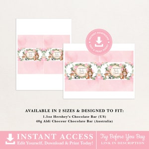 May include: Printable baby shower favor labels featuring a woodland theme with pink flowers, a bear, a fox, and a deer. The labels are designed to fit 1.5 oz Hershey's Chocolate Bars or 40g Aldi Choceur Chocolate Bars. The text on the labels reads "Samantha's Baby Shower".