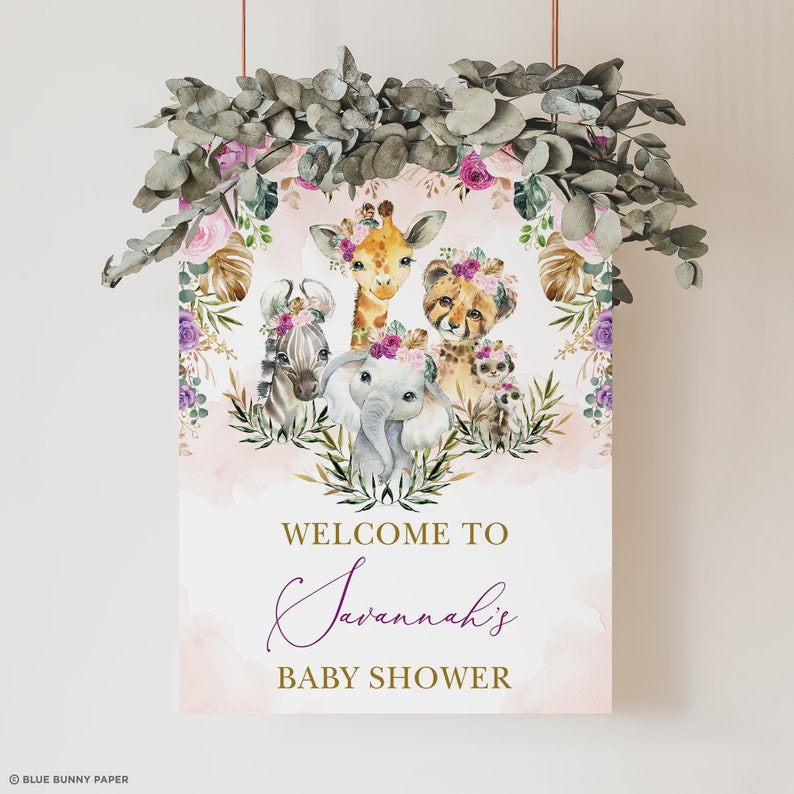 Plantilla de signo de bienvenida EDITABLE Girl Jungle Baby Shower, Boho Safari Animales Salvajes Flores Tropicales Cumpleaños Imprimible Descarga Instantánea, SAF7 imagen 3