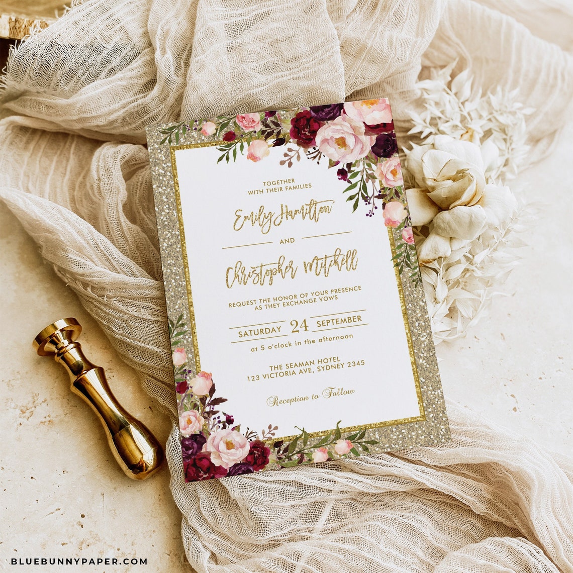 Glam Wedding Invitation Gold Glitter Wedding Invite Burgundy image 1