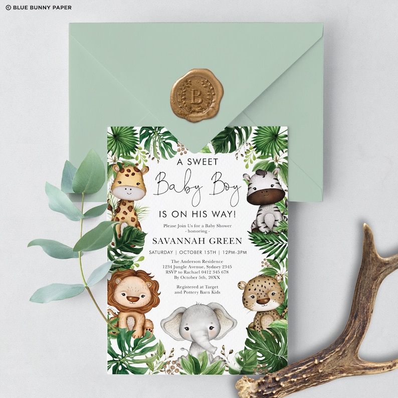 May include: A baby shower invitation with a jungle theme. The invitation features a green background with a white border and a variety of jungle animals, including a giraffe, zebra, lion, elephant, and leopard. The text on the invitation reads "A Sweet Baby Boy Is On His Way!" and includes the name Savannah Green, the date and time of the shower, and the location. The invitation also includes information about where to RSVP and where the baby is registered.