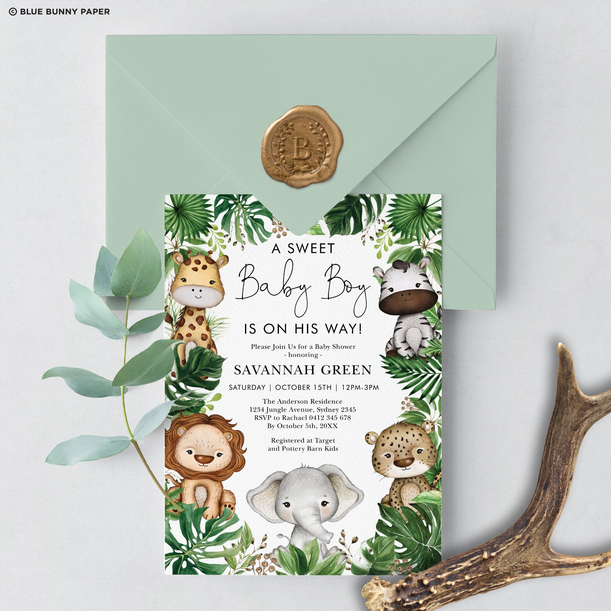 editable-jungle-safari-animals-baby-shower-invitation-rustic-tropical-greenery-leaves-baby-boy-printable-invite-template-download-saf9-etsy