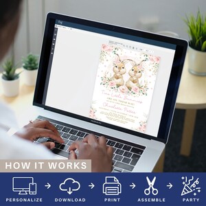 May include: A digital invitation for a baby shower with a pink and gold color scheme. The invitation features two adorable bunnies with floral crowns and the text "Two Little Bunnies Are On Their Way!" and "Charlotte Potter".