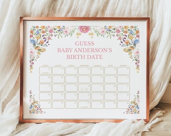 Wildflower Baby Due Date Calendar, Colorful Garden Flowers Guess Baby's Birthday Game, Spring Floral Baby Prediction EDITABLE TEMPLATE, FLO2