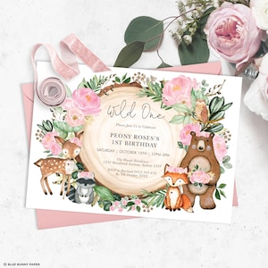 Girl Woodland 1st Birthday Invitation. Blush Pink Floral Greenery Wild One Birthday Printable Invite. EDITABLE TEMPLATE. WOOD25