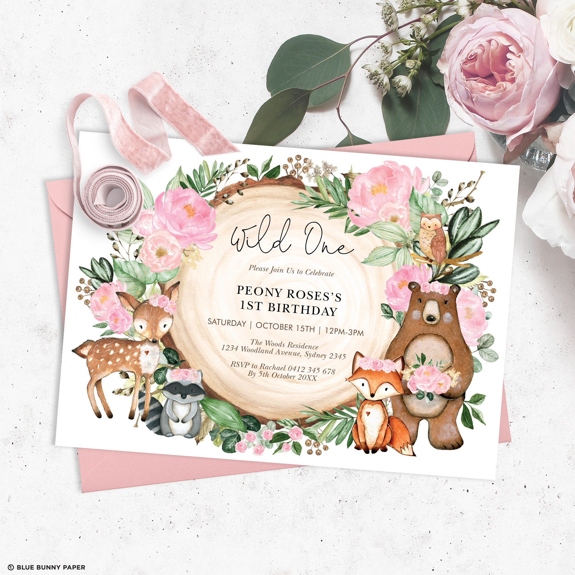 Girl Woodland 1st Birthday Invitation. Blush Pink Floral Etsy