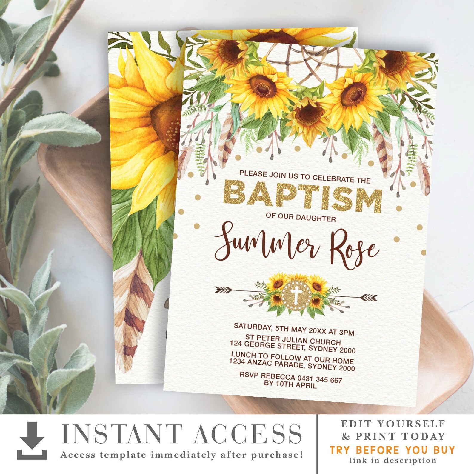 EDITABLE Boho Sunflower Baptism Invitation. Rustic Yellow Etsy