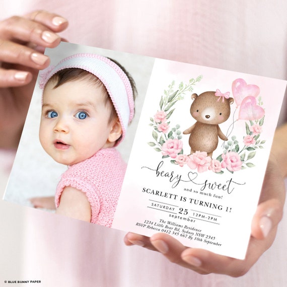 Girl Teddy Bear Birthday Invitation Template Pink Floral Bear Party Invite Watercolor Heart 