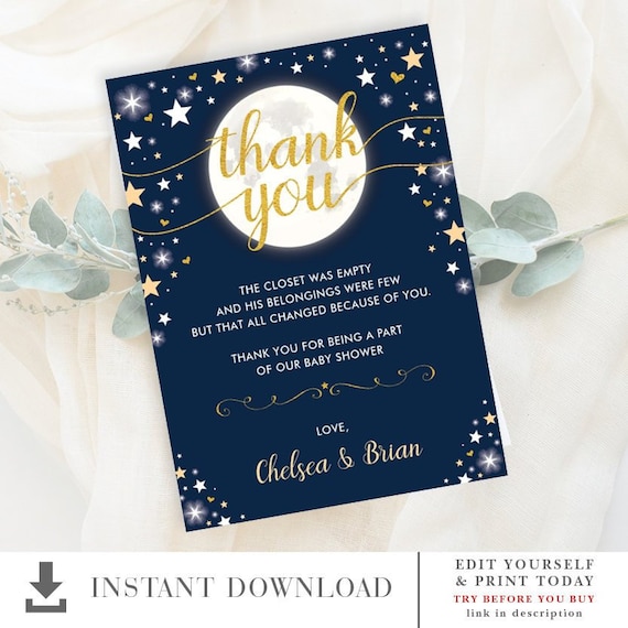 Moon & Stars Baby Shower Thank You Card / Twinkle Little Star EDITABLE TEMPLATE / Space Galaxy Universe Printable / Navy Gold / MOON3 Il_570xn