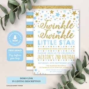 May include: Twinkle Twinkle Little Star themed birthday invitation with blue and gold glitter accents. The invitation features a white background with blue and gold stripes. The text reads "Twinkle Twinkle Little Star", "He's grown so much and come so far!" and "Please join us to celebrate Jackson's 2nd Birthday". The invitation also includes the date, time, and location of the party.