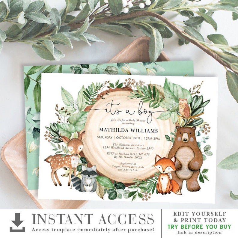 Boy Woodland Baby Shower Invitation. Forest Animals Watercolor Etsy