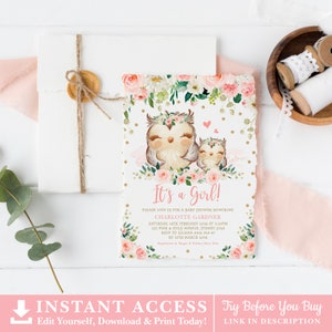 Blush Floral Owl Baby Shower Invitation. Pink Gold Woodland Owl Baby Girl Printable EDITABLE TEMPLATE Instant Download. OWL1 image 3