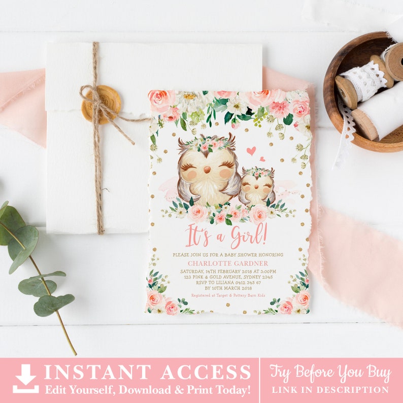 Blush Floral Owl Baby Shower Invitation. Pink Gold Woodland Owl Baby Girl Printable EDITABLE TEMPLATE Instant Download. OWL1 image 3
