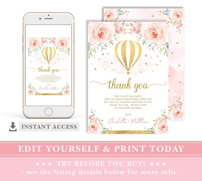 EDITABLE Hot Air Balloon Thank You Card. Blush Pink Gold Floral ...
