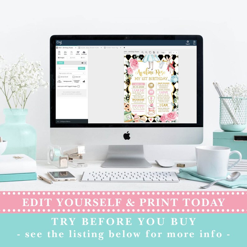 May include: Editable Alice in Wonderland themed first birthday poster with a black and white chequered background, pink flowers, and gold accents. The poster includes the text "Avaline Rose My 1st Birthday".