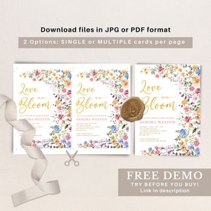 Peut inclure: Une invitation imprimable pour une f&ecirc;te de mariage avec un motif floral. L'invitation dit "Love is in Bloom" et pr&eacute;sente une bordure florale aquarelle avec des fleurs roses, jaunes et bleues. Le texte "Sandra Weston" est inclus dans l'invitation.