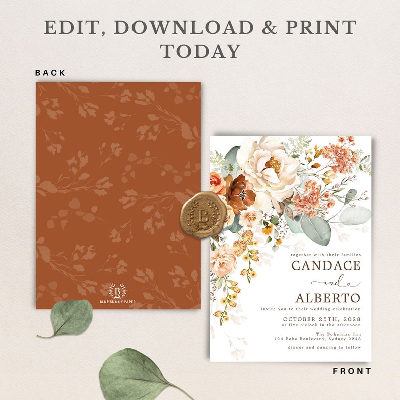 Boho Wedding Invitation, Terracotta Flower Wedding Invite, Rustic Burnt Orange Ivory Fall Wedding, EDITABLE TEMPLATE Corjl Download, FLO5 image 4