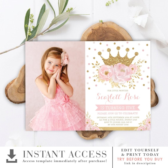 EDITABLE Gold Crown Princess Birthday Invitation. Blush Pink Gold Floral Royal Party Printable Photo Invitation. INSTANT DOWNLOAD. FLO18I Il_570xn