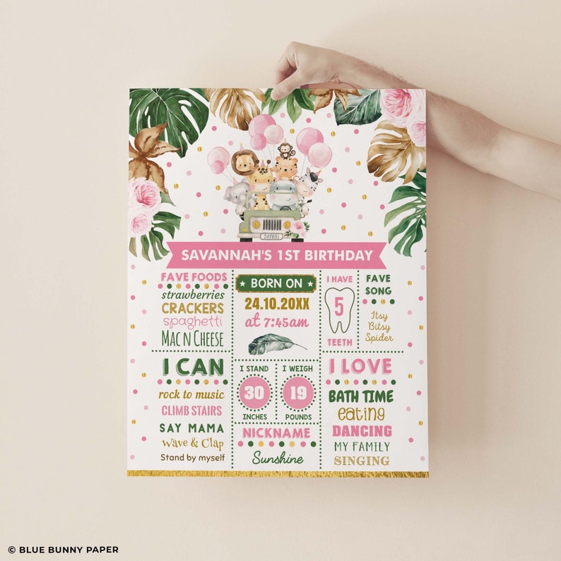 May include: A pink and green jungle-themed first birthday milestone poster with a white background. The poster features a safari jeep with animals, a list of the child's favorite foods, a birthday date, and a list of things the child can do. The poster also includes the child's nickname, Sunshine, and the child's age, 1, with a tooth icon.