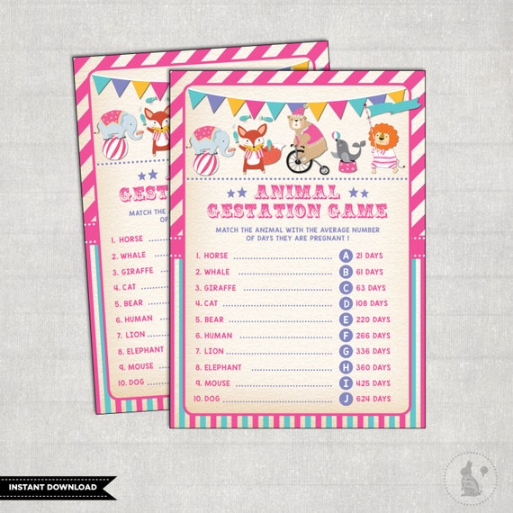 Pink Carnival BABY SHOWER GAME. Animal Pregnancy Game. Animal Gestation Activity. Retro Circus Girl Shower Games. Animal Matching Game. CAR2 Il_570xn