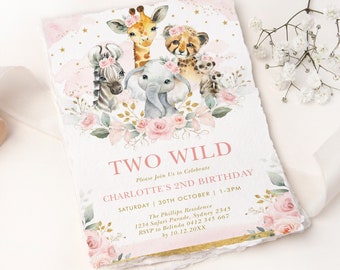EDITABLE Blush Safari Two Wild 2nd Birthday Invitation, Jungle Animals Party Invite, Pink Gold Flowers Printable Template Download, SAF8