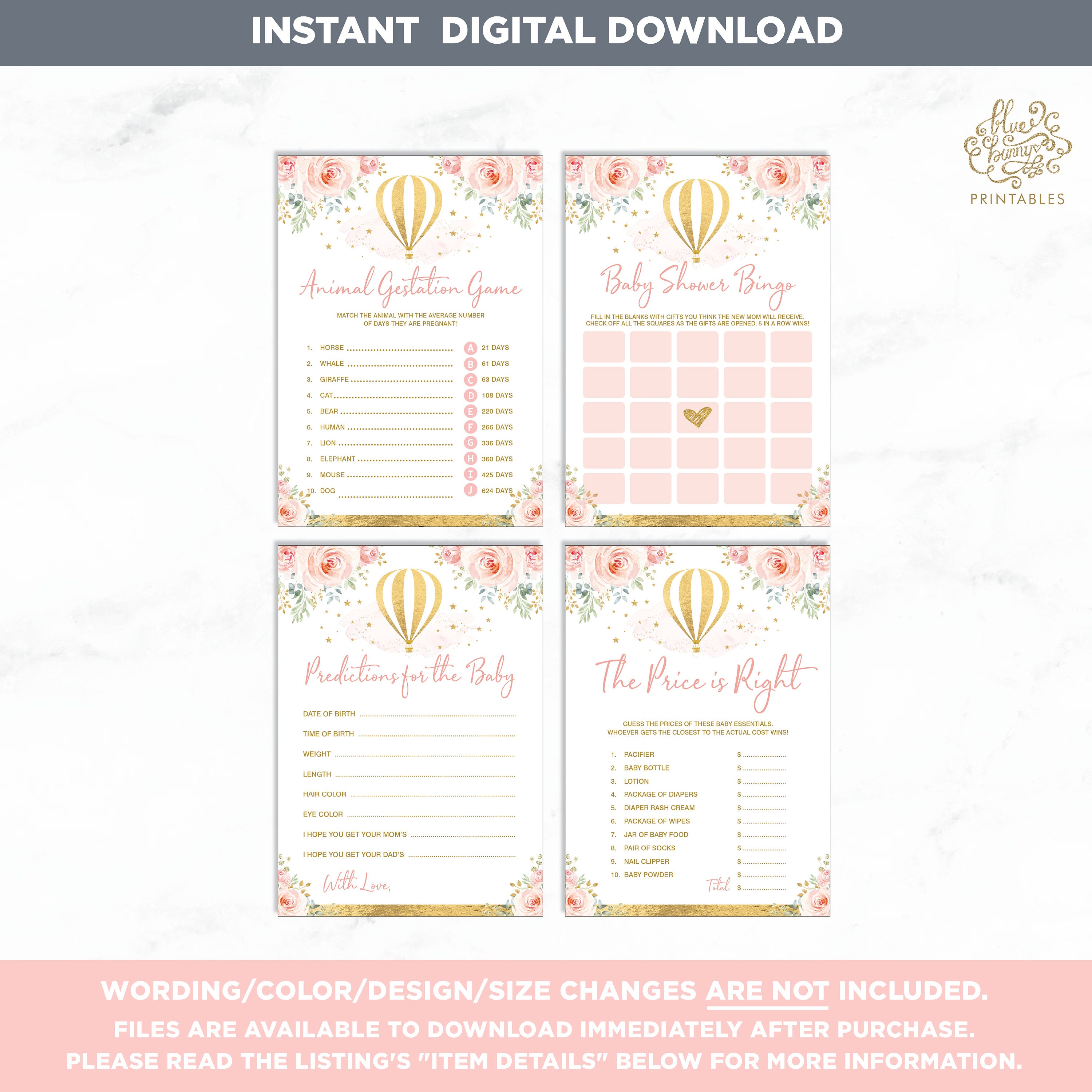 Hot Air Balloon Baby Shower GAMES PACKAGE. 8x Pink and Gold Adventure ...