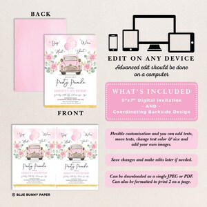 EDITABLE Drive By Birthday Party Parade Invitation. Pink Floral Car Drive Thru Birthday Invitation Template. Quarantine Printable. DB1 image 2