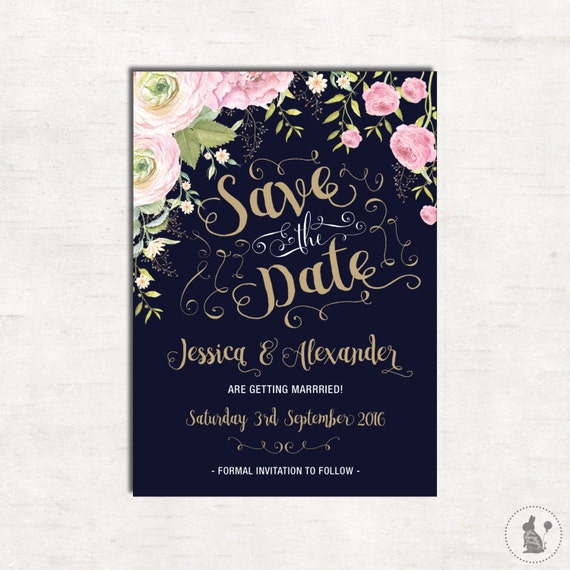 Bohemian Navy and Gold Save the Date Wedding Invitation. Navy and Pink Wedding. Boho Invitation. Floral Wedding. DIGITAL FILE. FLO10 Il_570xn