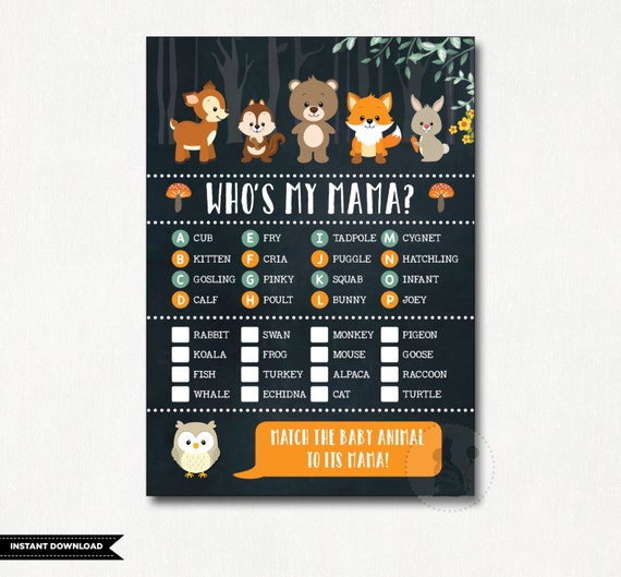 Who's My Mama. Woodland Baby Shower Game. Forest Baby Shower Printable Games. Chalkboard Baby Shower. Match Baby Animals Game Activity WOOD2 Il_570xn