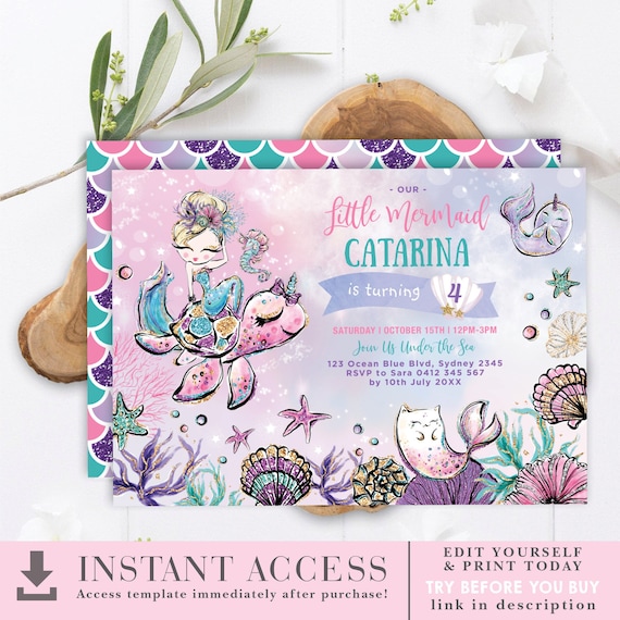Magical Little Mermaid Birthday Invitation Template. Under the Sea Turtle Narwhal Pool Party EDITABLE INVITE. Instant Download. MER8 Il_570xn