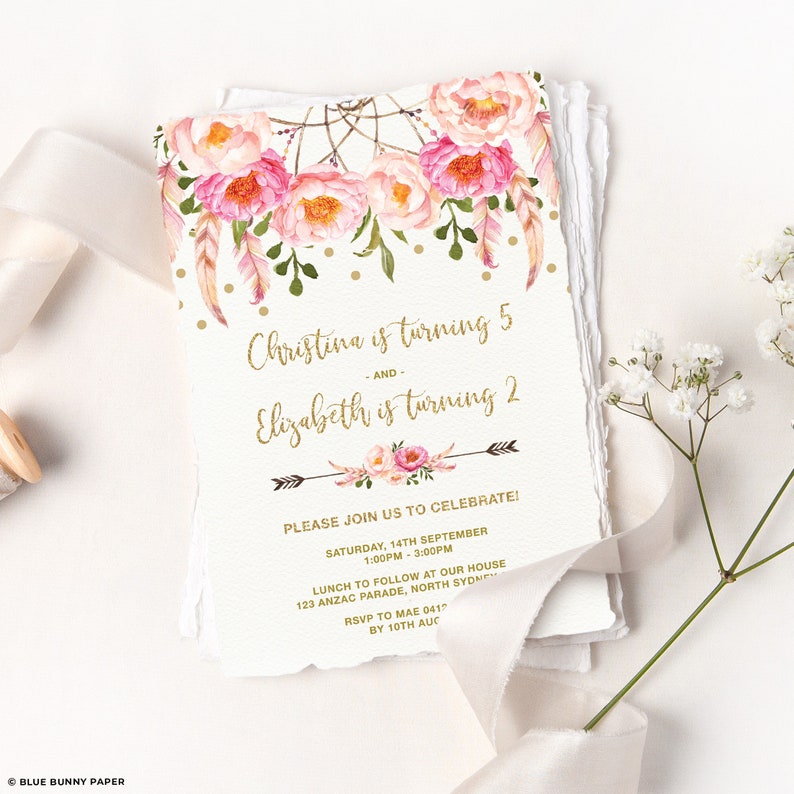 Editable Sibling Birthday Invitation Template, Joint Birthday Party Invite, Pink Gold Twin Sisters Printable Boho Dreamcatcher Floral FLO12A image 1