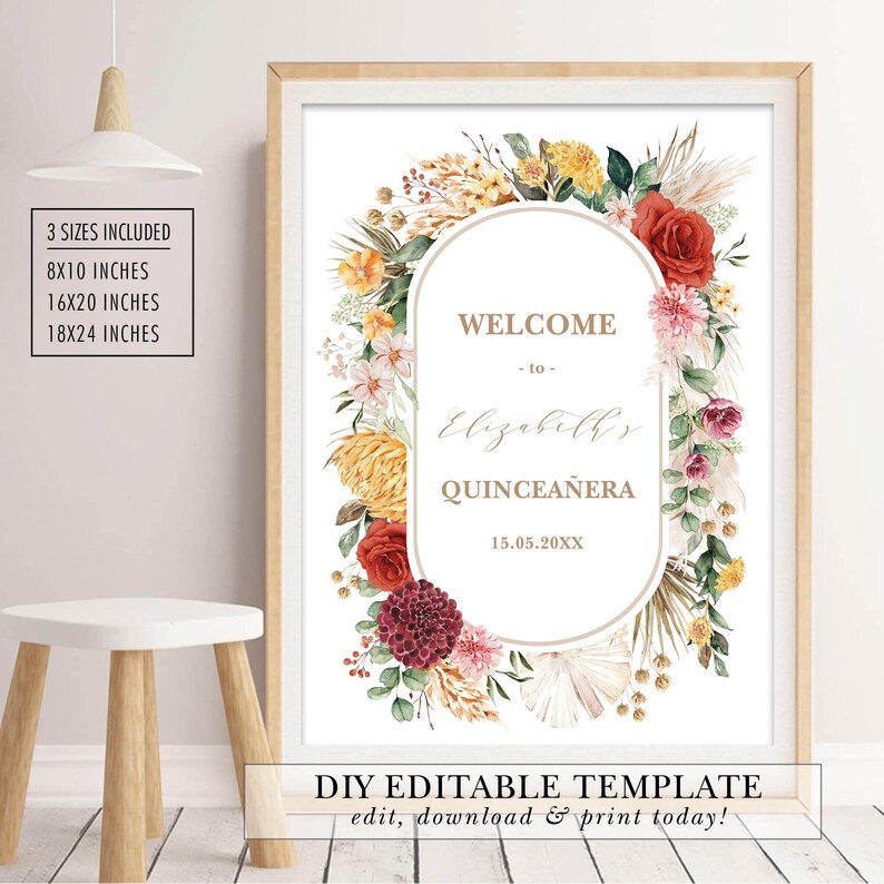 Peut inclure: Une pancarte d'accueil imprimable pour une f&ecirc;te de Quincea&ntilde;era. La pancarte pr&eacute;sente une couronne de fleurs avec des fleurs rouges, jaunes et roses, et le texte "Bienvenue &agrave; Elizabeths Quincea&ntilde;era 15.05.20XX".
