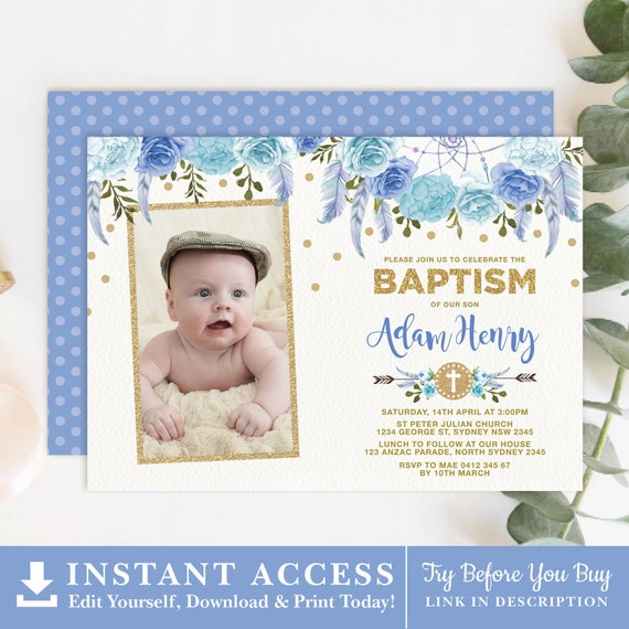 BAPTISM INVITATIONS INVITE BLUE FLORAL CONFETTI CHRISTENING BOYS PARTY SUPPLIES 