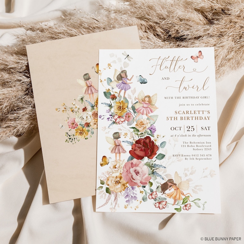 May include: A whimsical invitation with a floral design featuring fairies and butterflies. The invitation is for Scarlett's 5th birthday party, to be held on October 25th at 4 o'clock in the afternoon at The Bohemian Inn. The address is 124 Boho Boulevard, Sydney 2243. RSVP to Emma at 0412 345 678 by September 5th.