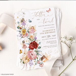 May include: A whimsical invitation with a floral design featuring fairies and butterflies. The text reads "Flutter and Twirl" with the details of Scarlett's 5th birthday party. The party is at The Bohemian Inn on October 25th at 4 o'clock in the afternoon.