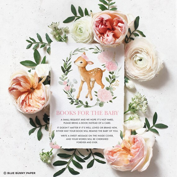 Girl Deer Bring a Book Card. Pink Floral Woodland Baby Shower Books for Baby Printable. Baby Doe Botanical Wreath INSTANT DOWNLOAD. DEER9 Il_570xn