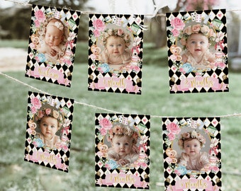 Alice in Wonderland Birthday Photo Banner Alice in ONEderland Monthly Milestone Photo Cards Mad Hatter Tea Party EDITABLE TEMPLATE AL1