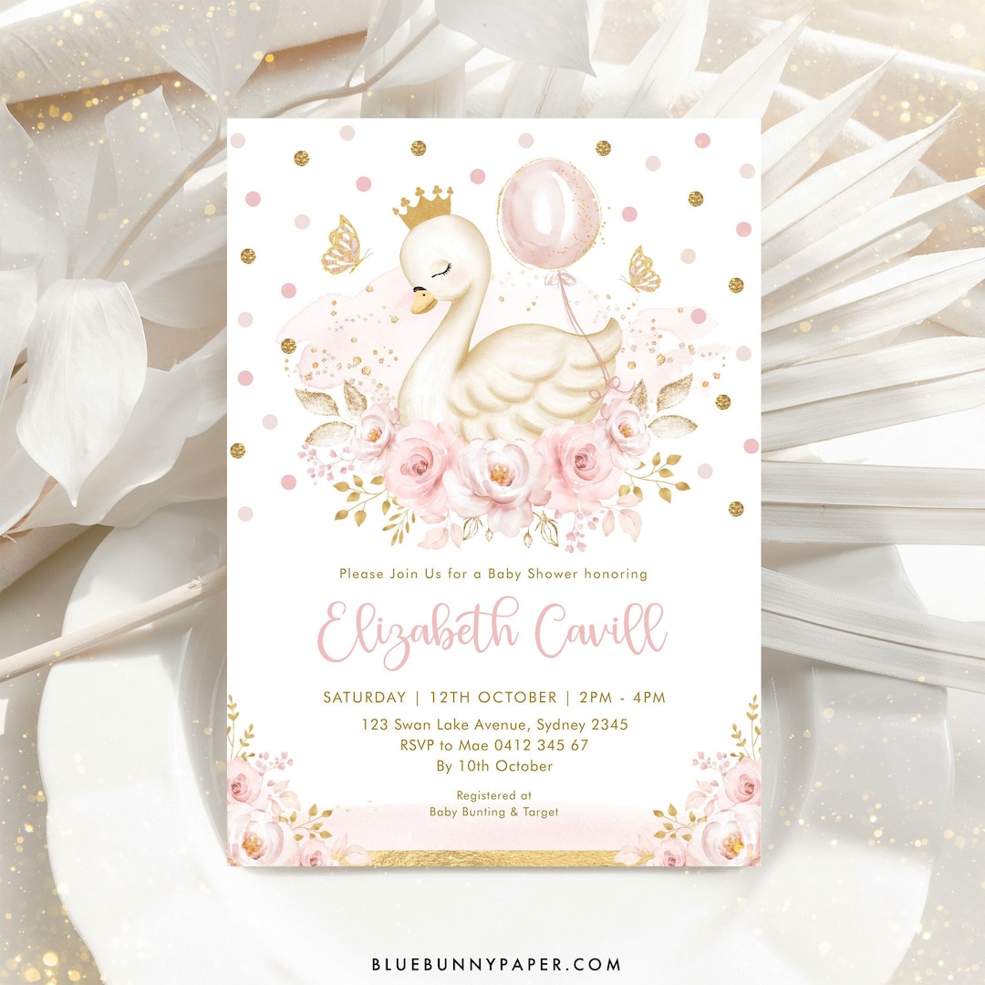 Editable Swan Princess Baby Shower Invitation Pink and Gold Swan With ...