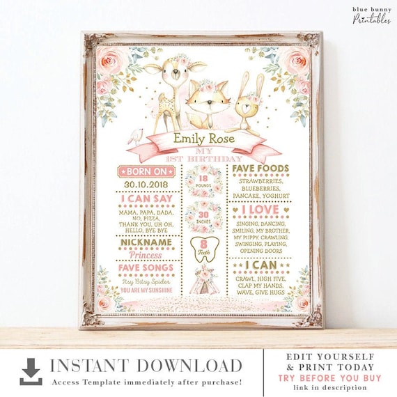 Girl Woodland Animals 1st Birthday Milestone Poster. Pink Gold Floral Forest Deer Fox Bunny First Birthday Sign EDITABLE TEMPLATE. WOOD13 Il_570xn