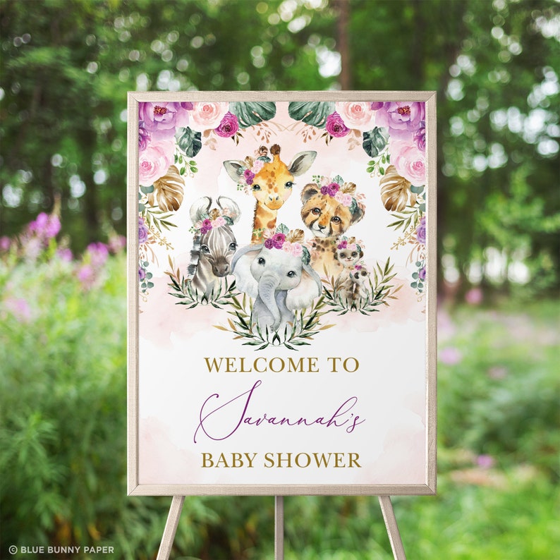 Plantilla de signo de bienvenida EDITABLE Girl Jungle Baby Shower, Boho Safari Animales Salvajes Flores Tropicales Cumpleaños Imprimible Descarga Instantánea, SAF7 imagen 1