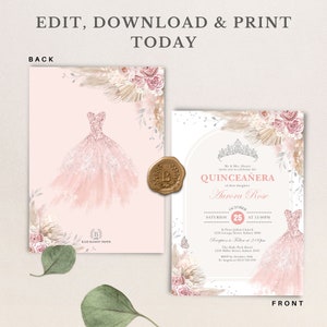 May include: A Quincea&ntilde;era invitation with a pink and white floral design. The invitation features a crown, a dress, and the text "Quincea&ntilde;era" and "Aurora Rose".