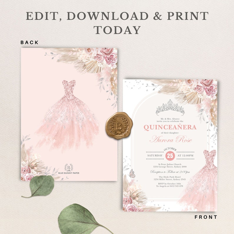 May include: A Quincea&ntilde;era invitation with a pink and white floral design. The invitation features a crown, a dress, and the text "Quincea&ntilde;era" and "Aurora Rose".