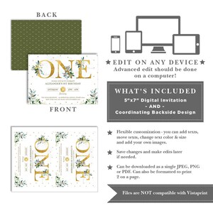 May include: A digital invitation for a first birthday party. The invitation features a gold number one with green and white floral accents. The text on the invitation reads "Please join us to celebrate Alexander's 1st Birthday".