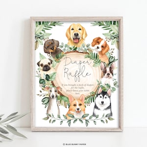 Puppy Diaper Raffle Sign, Dog Baby Shower Printable, Botanical Greenery Puppies Gender Neutral Party Decorations, INSTANT DOWNLOAD, DOG1