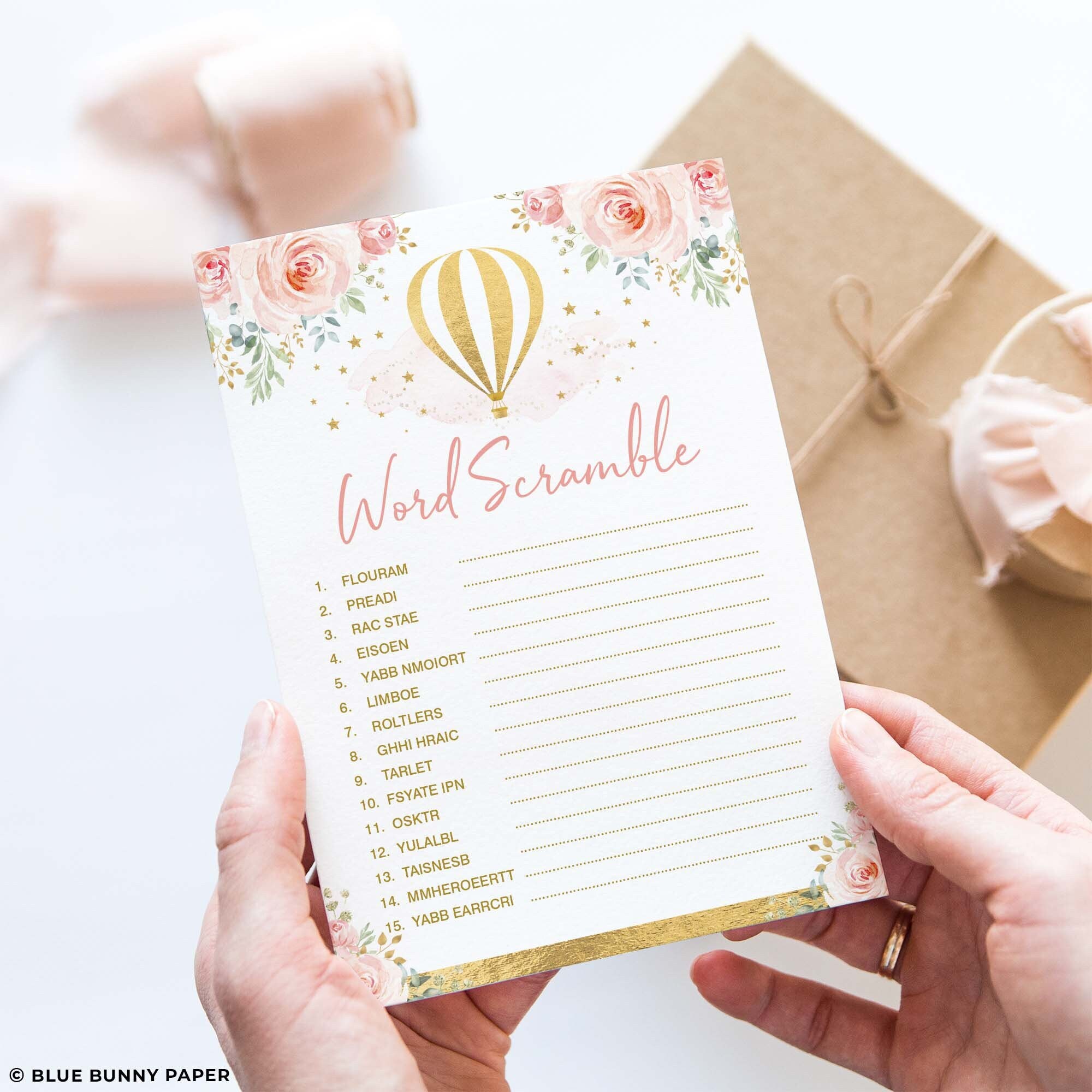 Hot Air Balloon Baby Shower Game, Word Scramble, Blush Pink Flower ...