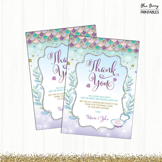 Mermaid Baby Shower Thank You Card Purple Gold Silver Glitter Ocean